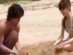 Horny threesome with fraternal sibling and nimble Tokyo sweetheart on the beach